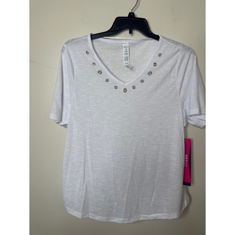 TEEZHER Womens White Slub Knit‎ V-Neck Grommet Rhinestone Top